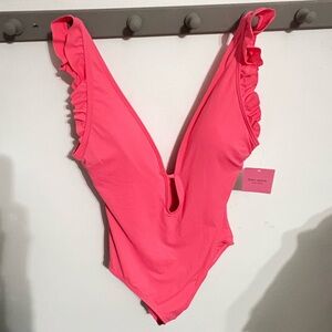 Kate Spade Ruffle-Trim One-Piece Swimsuit in Bright Pink